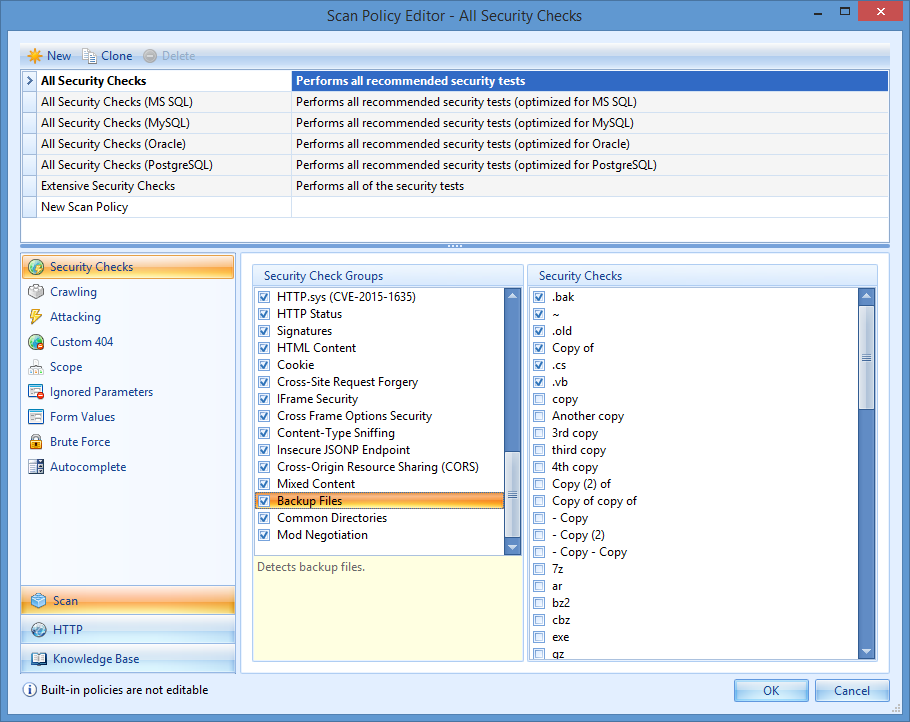 Configuring backup files security check using the Netsparker Scan Policy Editor