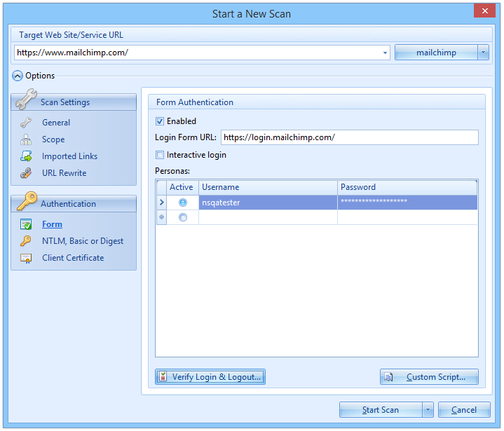 Configuring form authentication in Netsparker is very simply. Just specify a URL and the credentials