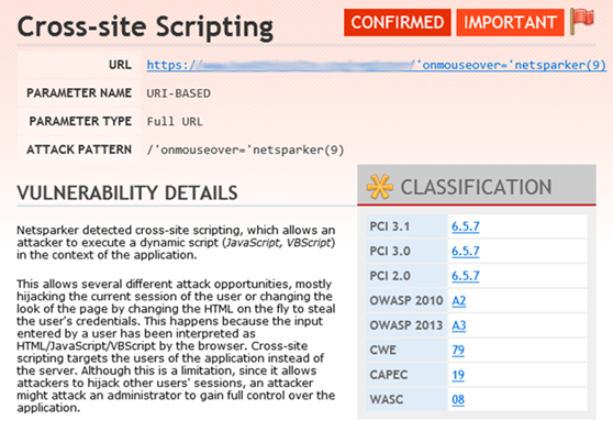 A Cross-site Scripting Vulnerability Identified Automatically with Netsparker Web Application Security Scanner