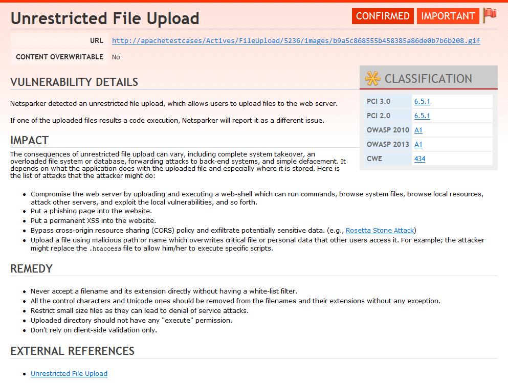 An unrestricted file upload form reported in Netsparker