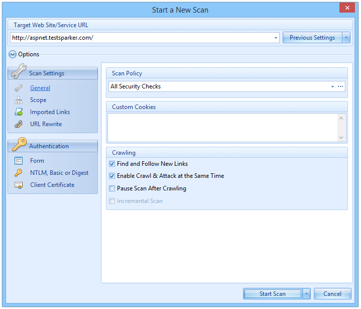 The Start a New Scan dialog in Netsparker Desktop has been simplified