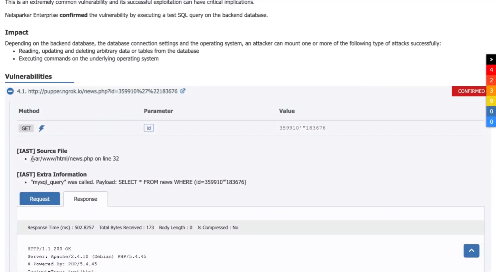 SQL injection vulnerability details in Netsparker, including information from IAST