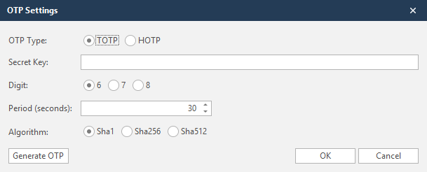 Two types of One-Time-Password (OTP) are supported, TOTP (Time-based) and HOTP (HMAC-based). OTPs are generated by way of a Secret Key provided by the website.