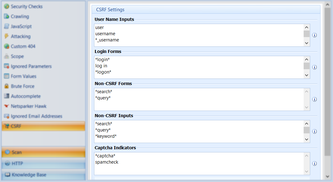 New CSRF node in the Scan Policy Editor in which you can specify the name of a form, action or component that should not be checked for CSRF checks.