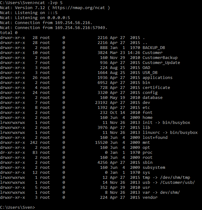 A directory listing of the file system on the Smart TV