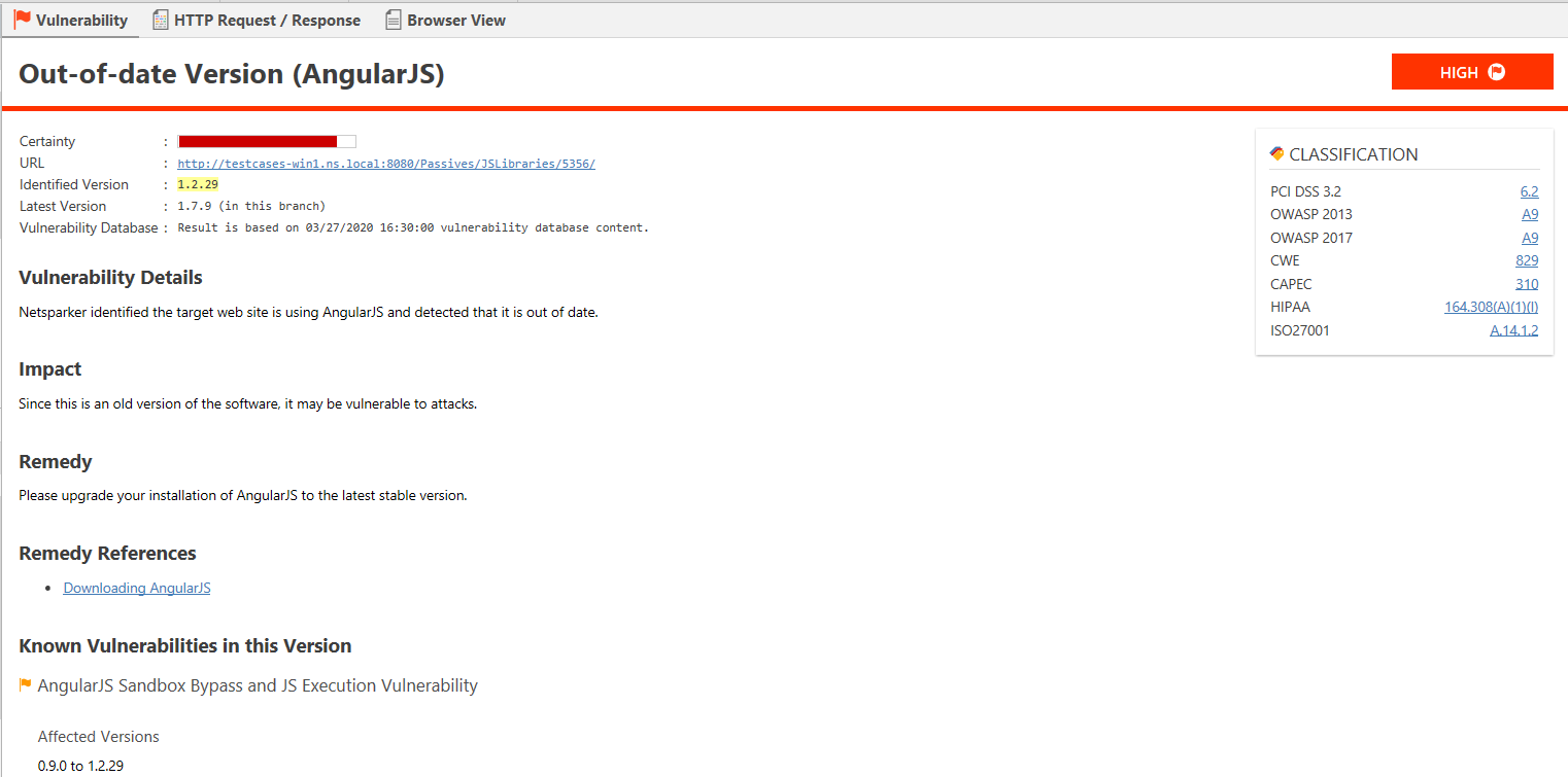 A vulnerable version of AngularJS was identified on target website with Invicti web application security scanner