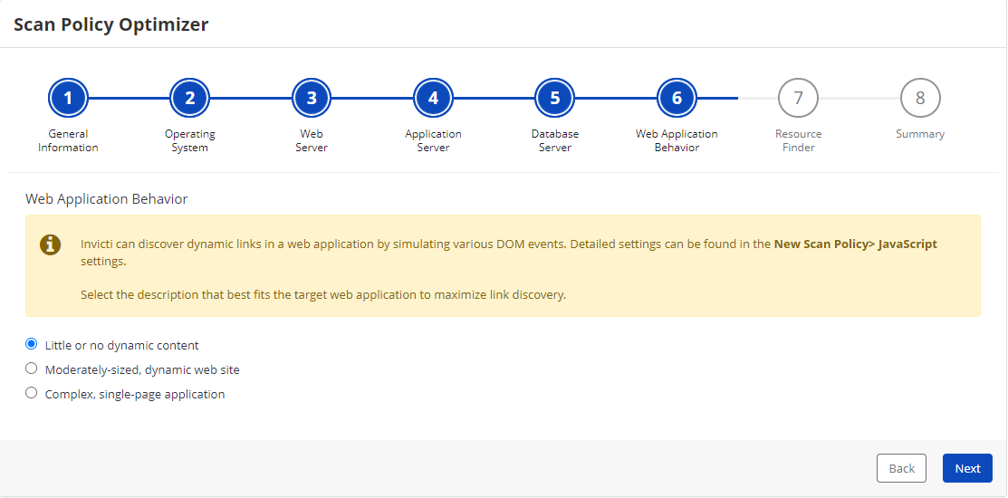 Invicti Enterprise Scan Policy Optimizer - Web Application Behaviour Step