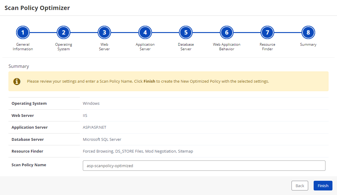 Invicti Enterprise Scan Policy Optimizer - Summary Step