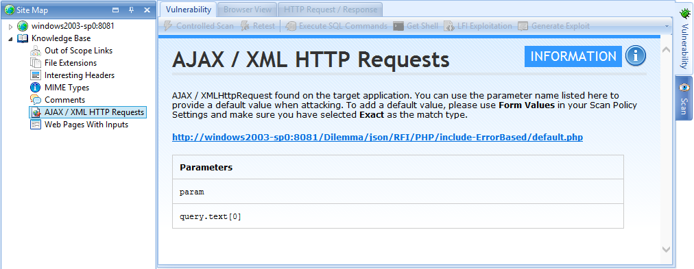 Ajax Knowledge Base node where AJAX and XML HTTP requests will be listed on Netsparker