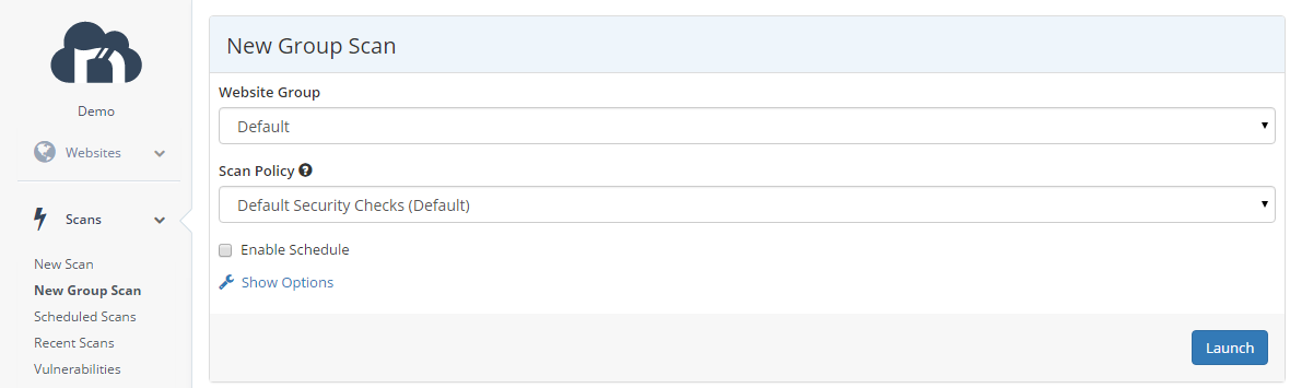 Launch a websites group scan from the Scans menu