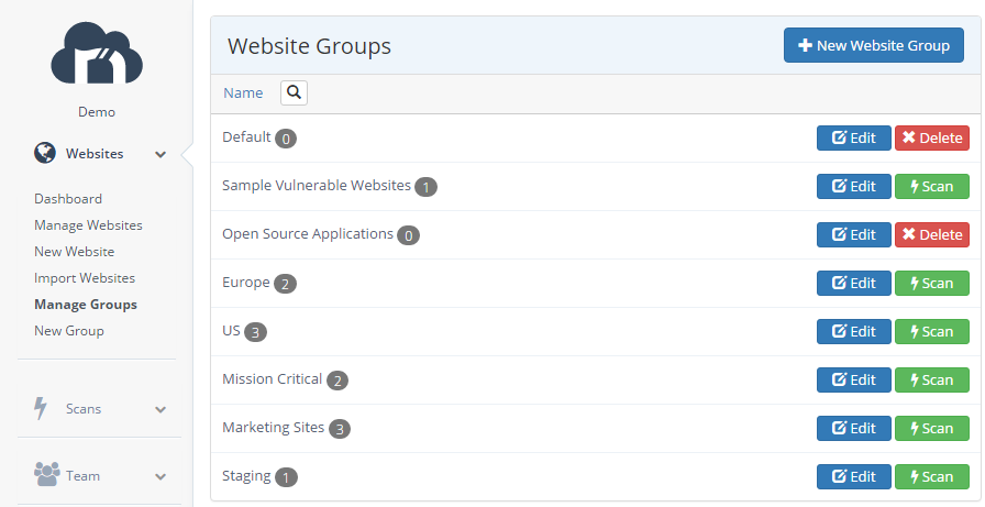 Managing websites groups in Netsparker Enterprise