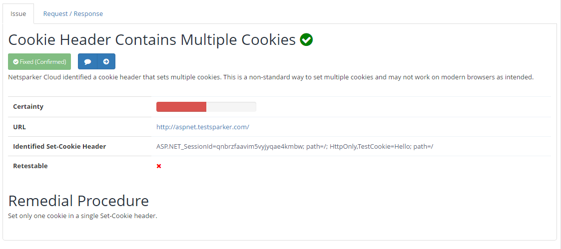 A Netsparker Cloud alert of multiple cookies in the same HTTP header set-cookie