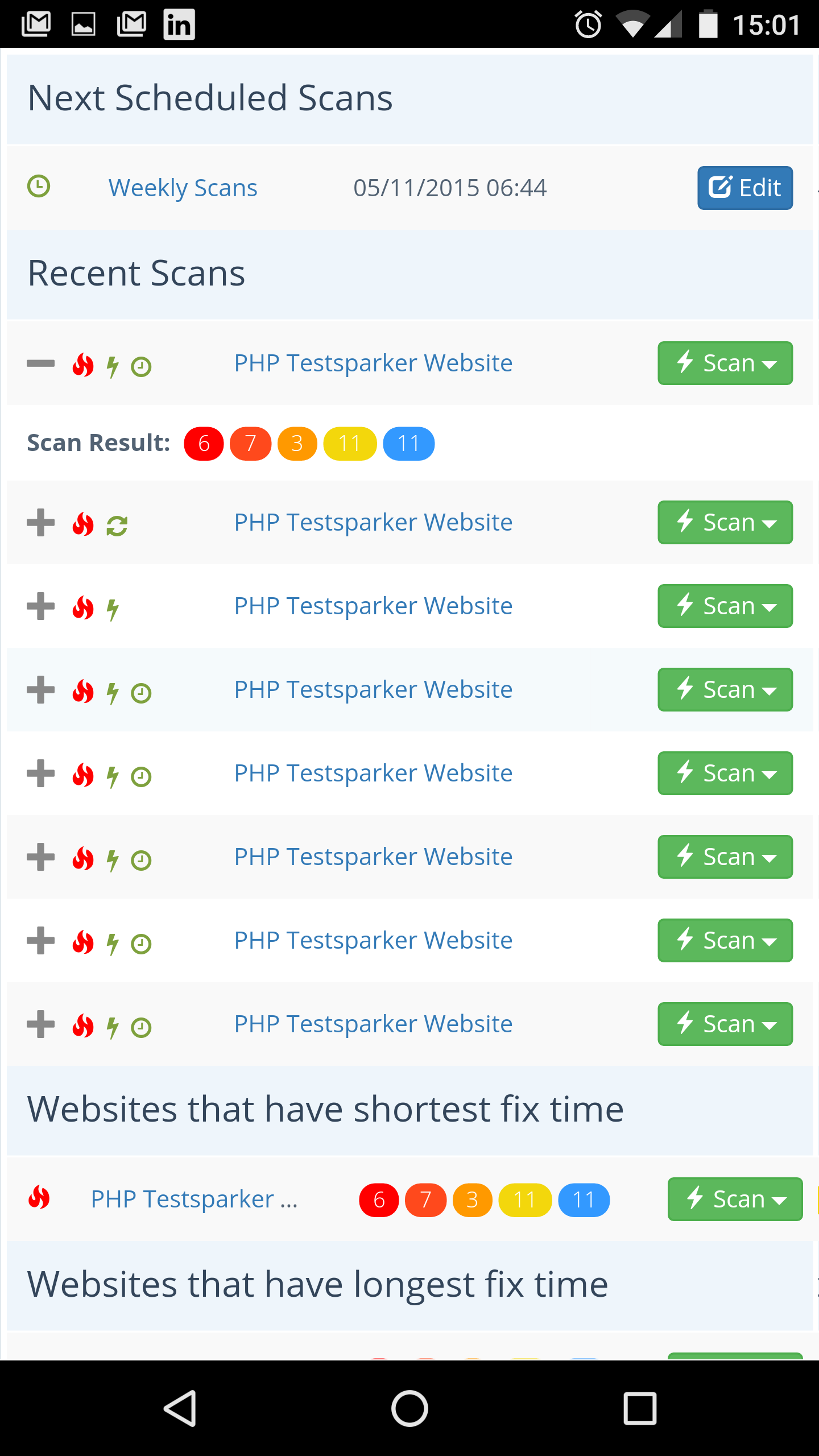 List of scheduled and completed web security scans in Netsparker Enterprise