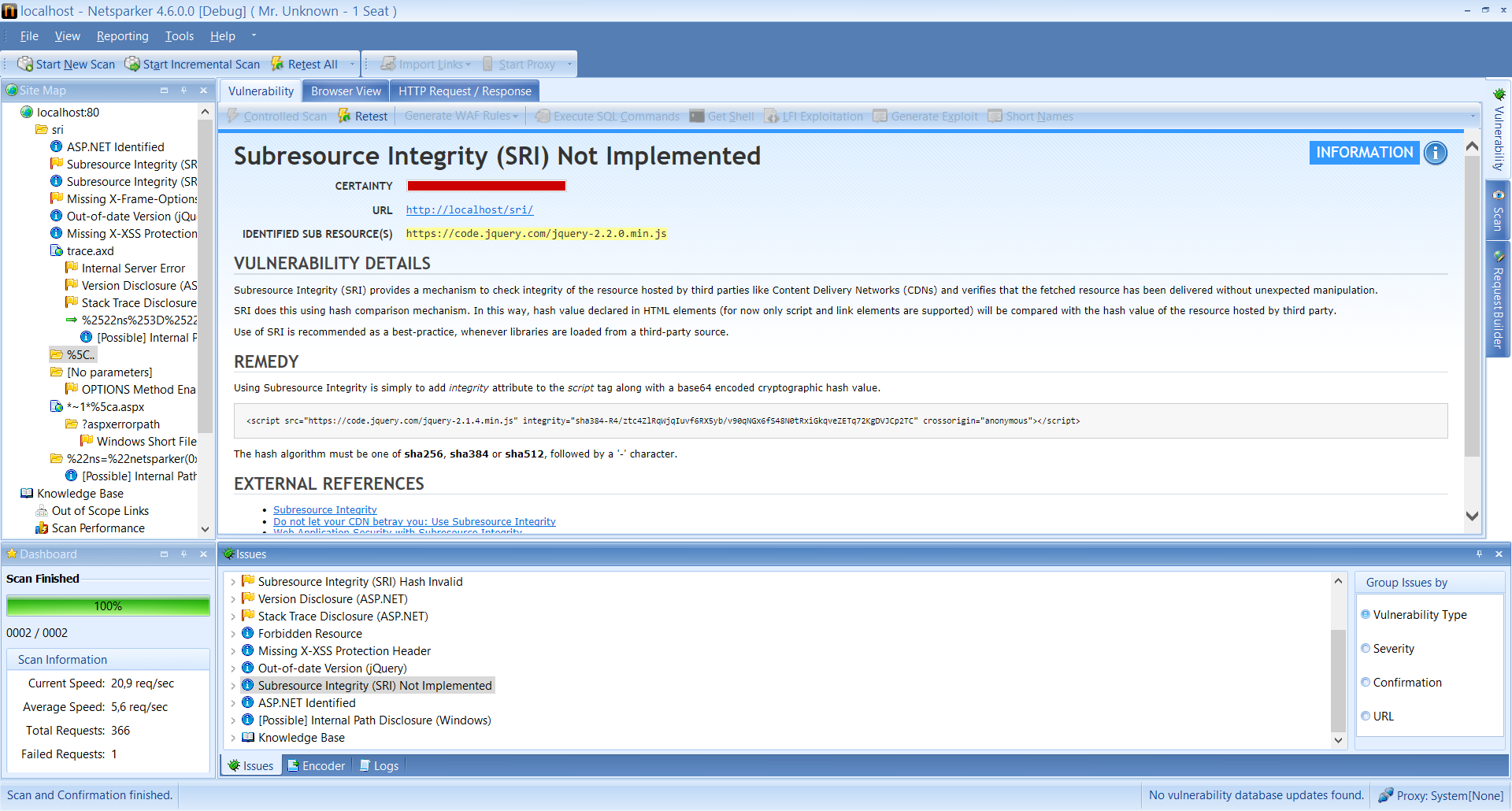 Netsparker Desktop notifying the user that the Subresource Integrity (SRI) method is not implemented.