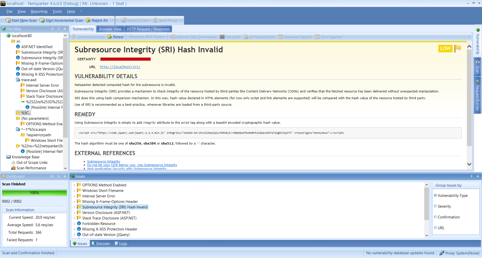 Netsparker web vulnerability scanner identifies an invalid Subresource Integrity hash