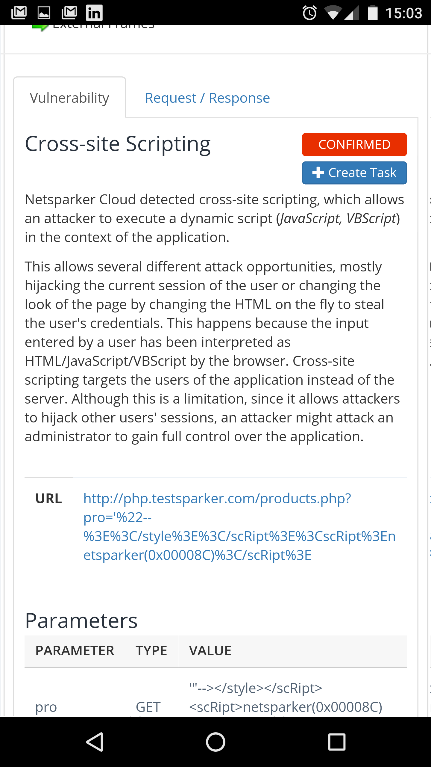 A cross-site scripting vulnerability reported in Netsparker Enterprise